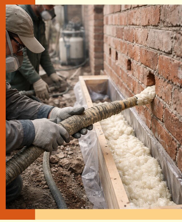 Заливка ППУ в пустоты кирпичной стены в Кушве