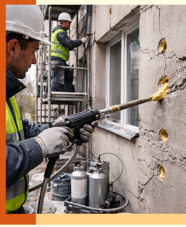 Заполнение пустот в фасаде и утепление стен в Кушве